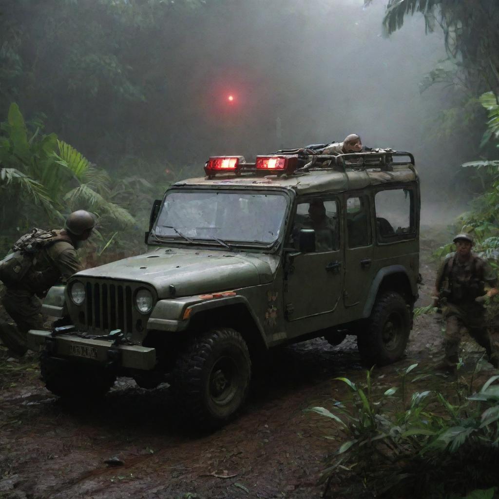 Alter the image to convey the rescue operation, showing the InGen soldier being rushed in the Jurassic Park Jeep through the jungle to a brightly lit field hospital setup on Isla Nublar.