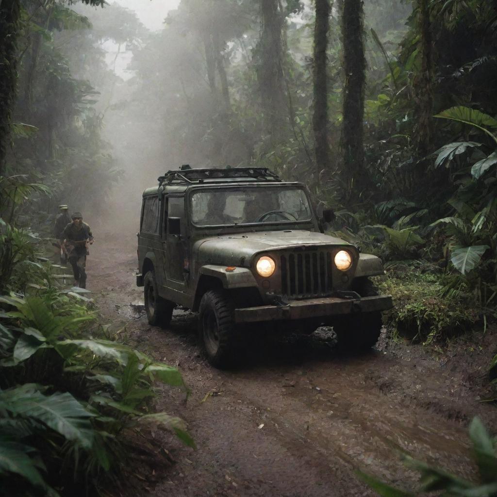 Alter the image to convey the rescue operation, showing the InGen soldier being rushed in the Jurassic Park Jeep through the jungle to a brightly lit field hospital setup on Isla Nublar.