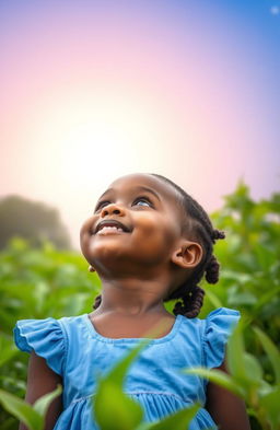A lovely young African girl named Marie, wearing a beautiful blue dress, gazing up at the sky with wonder