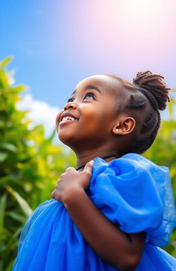 A lovely young African girl named Marie, wearing a beautiful blue dress, gazing up at the sky with wonder