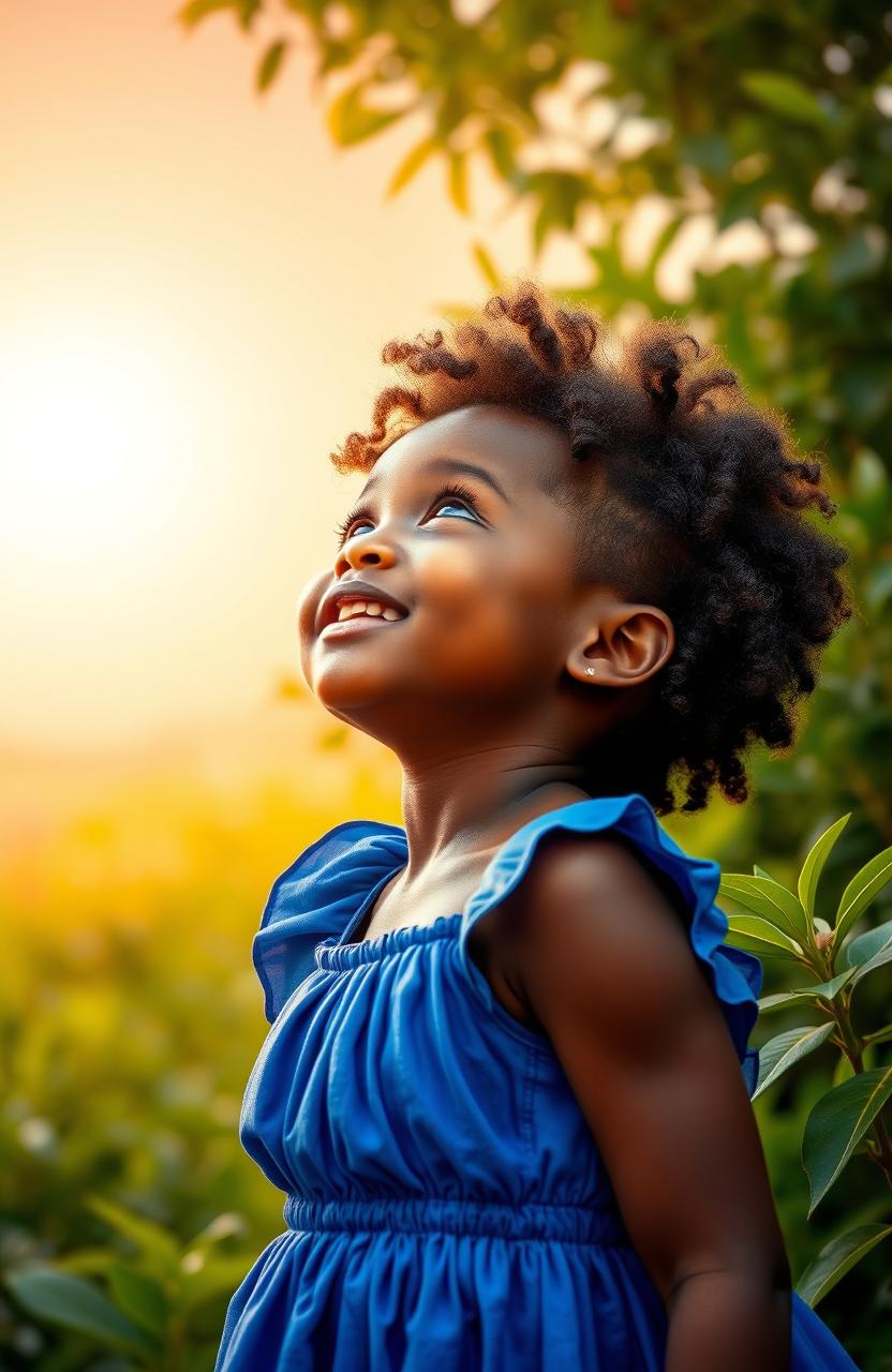 A lovely young African girl named Marie, wearing a beautiful blue dress, gazing up at the sky with wonder