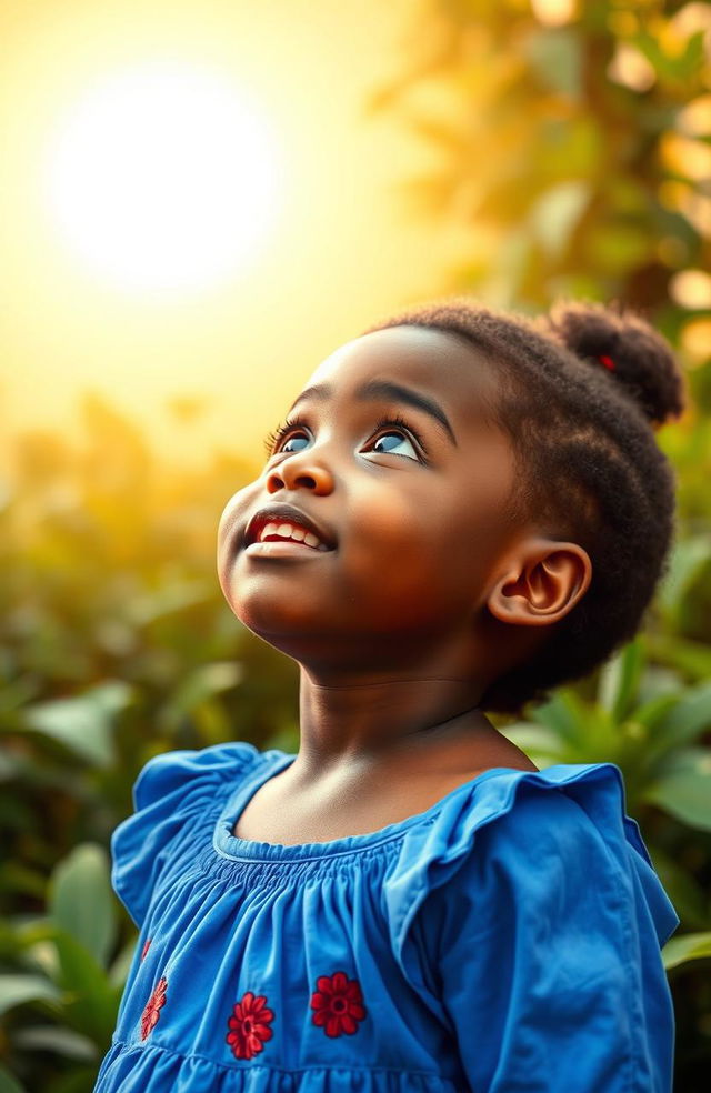 A lovely young African girl named Marie, wearing a beautiful blue dress, gazing up at the sky with wonder