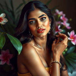 A sensual and artistic representation of an Indian woman in a serene setting, embracing her natural beauty