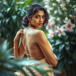 A sensual and artistic representation of an Indian woman in a serene setting, embracing her natural beauty