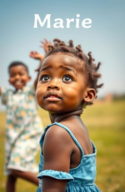 A beautiful young African girl named Marie wearing a blue dress, gazing up at the sky with a serene expression