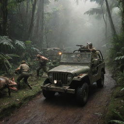 Alter the image to convey the rescue operation, showing the InGen soldier being rushed in the Jurassic Park Jeep through the jungle to a brightly lit field hospital setup on Isla Nublar.