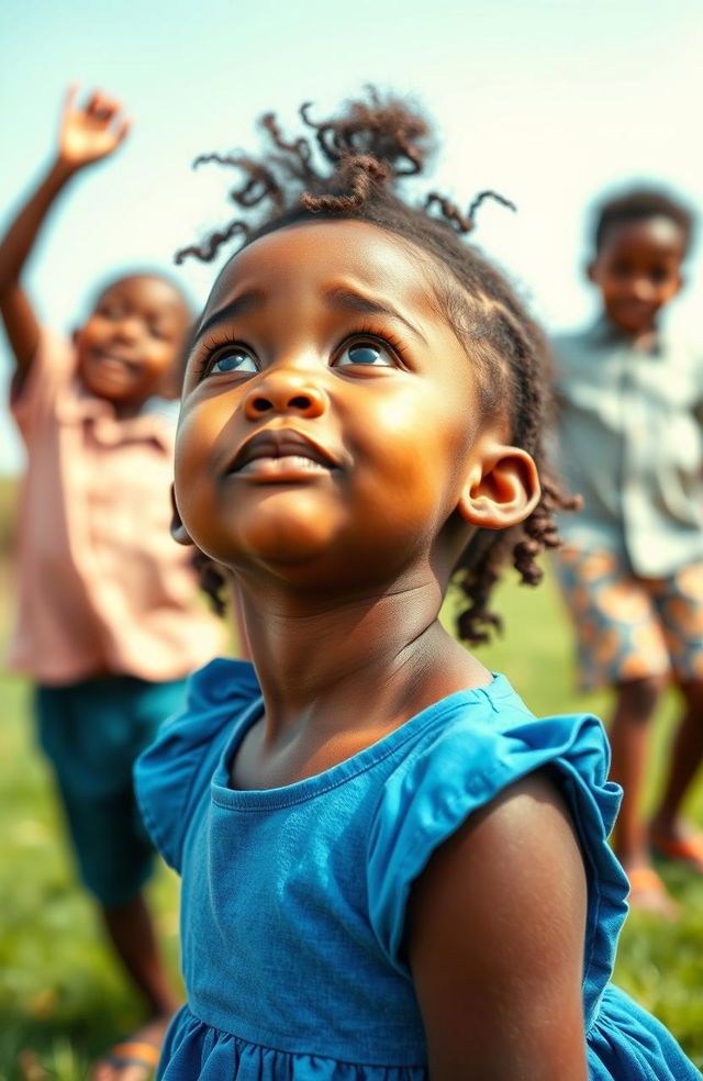 A beautiful young African girl named Marie wearing a blue dress, gazing up at the sky with a serene expression