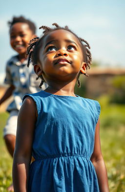 A beautiful young African girl named Marie wearing a blue dress, gazing up at the sky with a serene expression