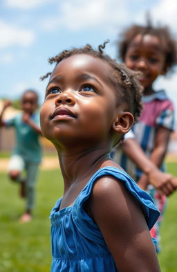 A beautiful young African girl named Marie wearing a blue dress, gazing up at the sky with a serene expression