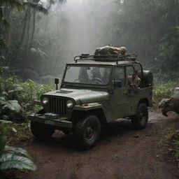 Alter the image to convey the rescue operation, showing the InGen soldier being rushed in the Jurassic Park Jeep through the jungle to a brightly lit field hospital setup on Isla Nublar.