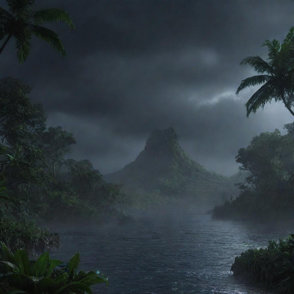 Modify the image to display the rain on Isla Nublar finally subsiding, the dimmed moonlight piercing through the dissipating clouds, and the wet, glistening vegetation reflecting the night sky.