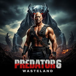 A thrilling teaser poster for 'PREDATOR 6: Wasteland', starring Dwayne Johnson as a heroic warrior facing off against a gigantic monster