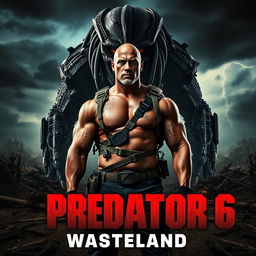A thrilling teaser poster for 'PREDATOR 6: Wasteland', starring Dwayne Johnson as a heroic warrior facing off against a gigantic monster