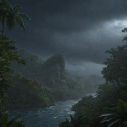 Modify the image to display the rain on Isla Nublar finally subsiding, the dimmed moonlight piercing through the dissipating clouds, and the wet, glistening vegetation reflecting the night sky.