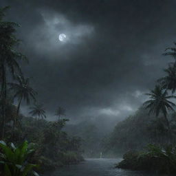 Modify the image to display the rain on Isla Nublar finally subsiding, the dimmed moonlight piercing through the dissipating clouds, and the wet, glistening vegetation reflecting the night sky.