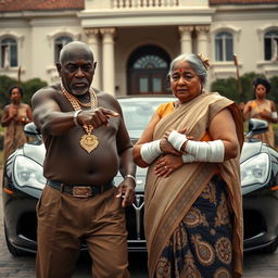 An older black man, adorned with gold chains, is pointing at an older plump Indian lady who appears scared, with bandages wrapped around her arms and fingers