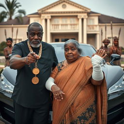 An older black man, adorned with gold chains, is pointing at an older plump Indian lady who appears scared, with bandages wrapped around her arms and fingers