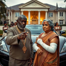 An older black man, adorned with gold chains, is pointing at an older plump Indian lady who appears scared, with bandages wrapped around her arms and fingers