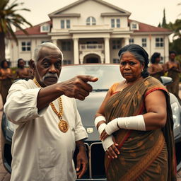An older black man, adorned with gold chains, is pointing at an older plump Indian lady who appears scared, with bandages wrapped around her arms and fingers