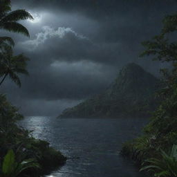 Modify the image to display the rain on Isla Nublar finally subsiding, the dimmed moonlight piercing through the dissipating clouds, and the wet, glistening vegetation reflecting the night sky.