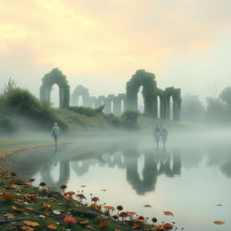 An ethereal landscape reflecting themes of nostalgia and memory, featuring a gentle mist enveloping ancient ruins, overgrown with vibrant green vines and wildflowers
