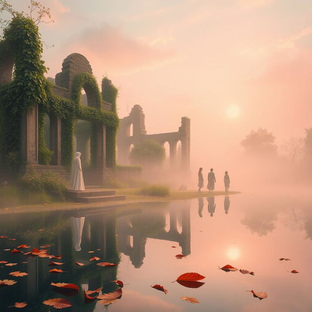 An ethereal landscape reflecting themes of nostalgia and memory, featuring a gentle mist enveloping ancient ruins, overgrown with vibrant green vines and wildflowers