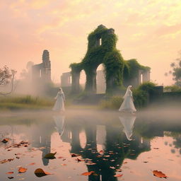 An ethereal landscape reflecting themes of nostalgia and memory, featuring a gentle mist enveloping ancient ruins, overgrown with vibrant green vines and wildflowers