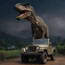 Change the image to show Alan Grant, back in a Jurassic Park Jeep, keeping vigilant watch over the T-Rex Paddock at Isla Nublar under the clear night sky, post-storm.