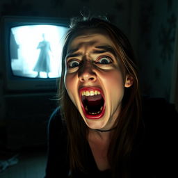 A chilling scene featuring a vintage television set displaying a terrifying video that captures a ghostly figure or horrifying imagery, designed to evoke fear