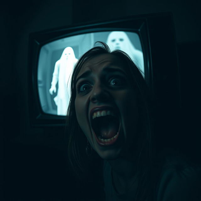 A chilling scene featuring a vintage television set displaying a terrifying video that captures a ghostly figure or horrifying imagery, designed to evoke fear