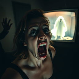 A chilling scene featuring a vintage television set displaying a terrifying video that captures a ghostly figure or horrifying imagery, designed to evoke fear