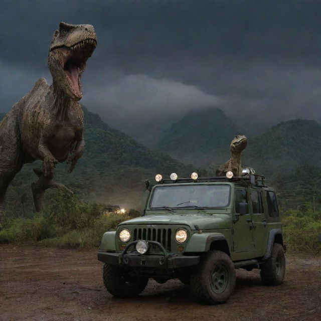 Change the image to show Alan Grant, back in a Jurassic Park Jeep, keeping vigilant watch over the T-Rex Paddock at Isla Nublar under the clear night sky, post-storm.