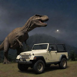 Change the image to show Alan Grant, back in a Jurassic Park Jeep, keeping vigilant watch over the T-Rex Paddock at Isla Nublar under the clear night sky, post-storm.