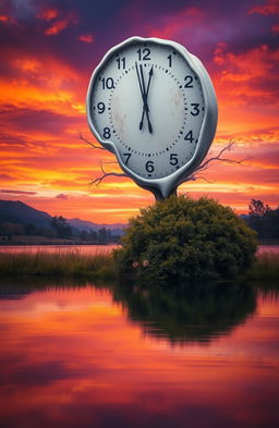 A surreal landscape with a giant clock melting over a tree in a vibrant sunset