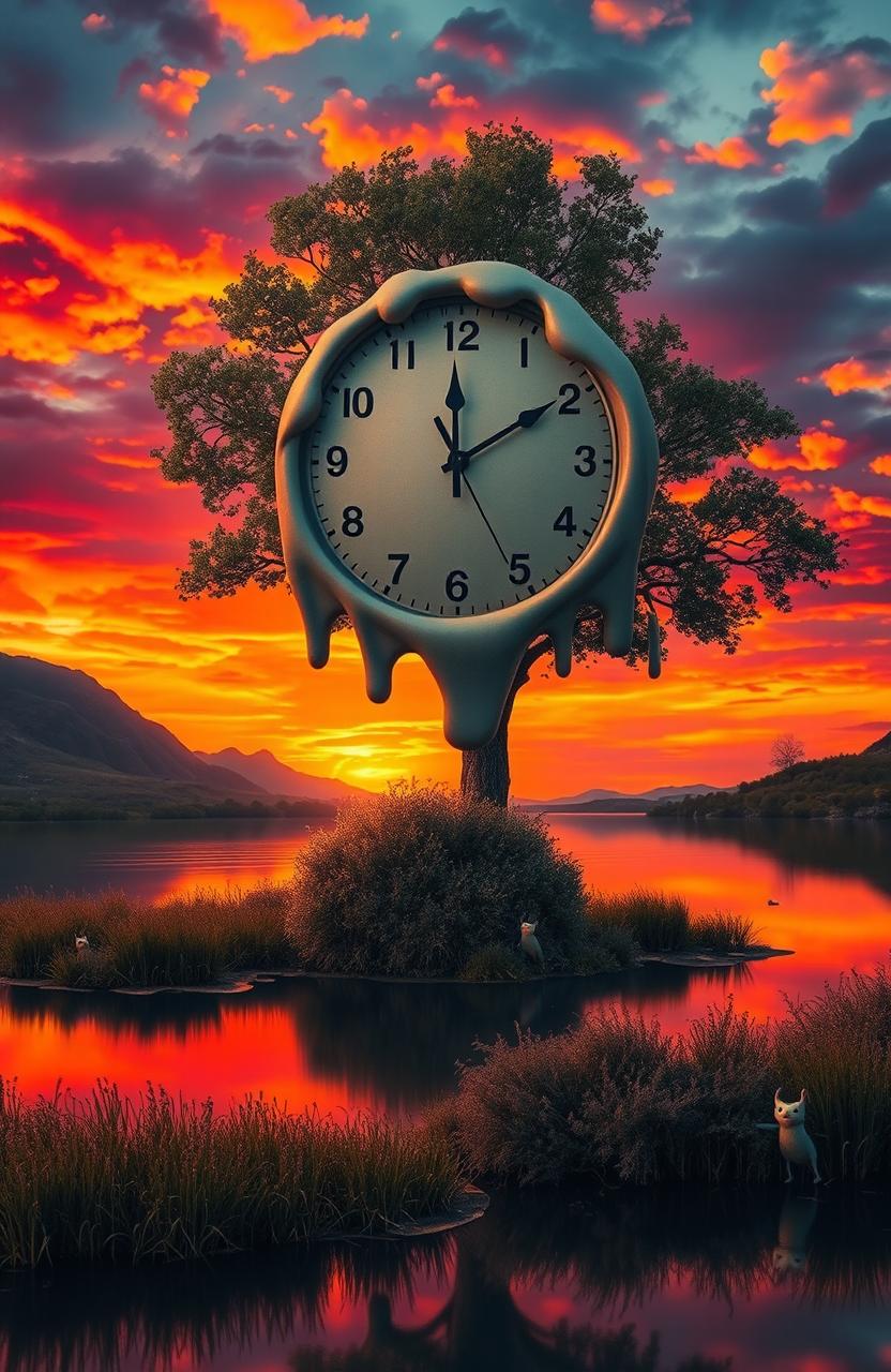 A surreal landscape with a giant clock melting over a tree in a vibrant sunset