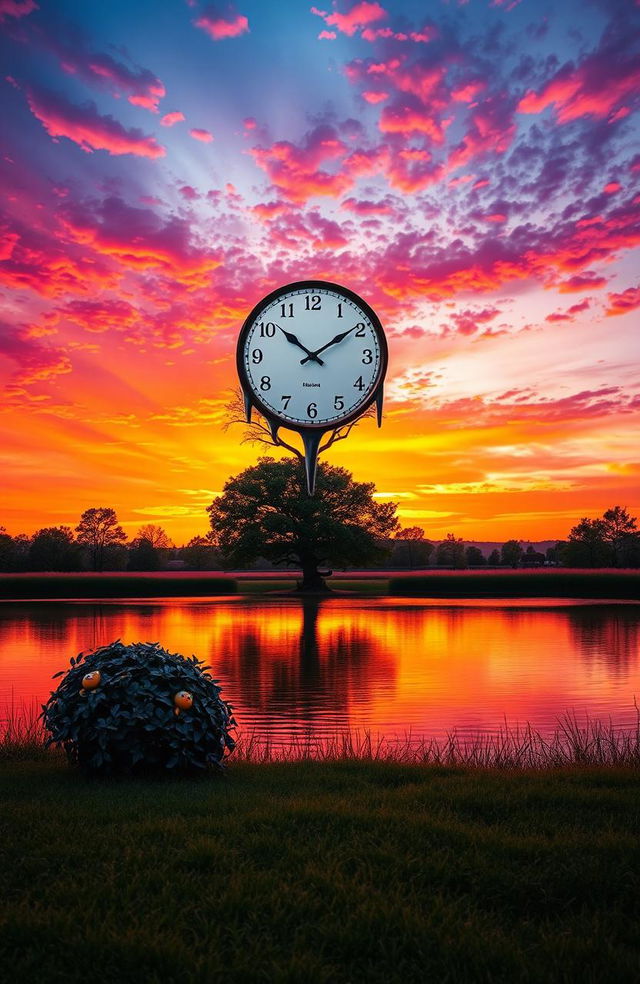 A surreal landscape with a giant clock melting over a tree in a vibrant sunset