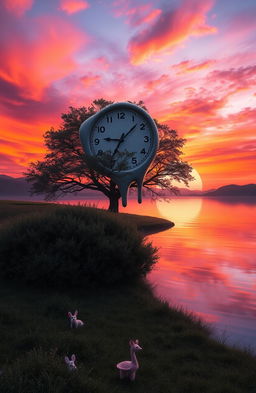 A surreal landscape with a giant clock melting over a tree in a vibrant sunset