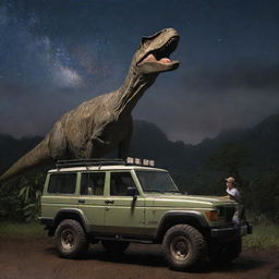 Change the image to show Alan Grant, back in a Jurassic Park Jeep, keeping vigilant watch over the T-Rex Paddock at Isla Nublar under the clear night sky, post-storm.