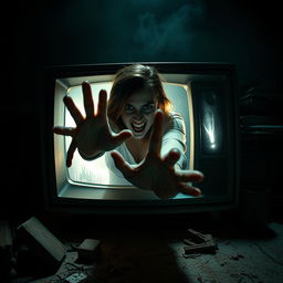 A horror-themed scene depicting a woman eerily emerging from an old television set, with a chilling atmosphere