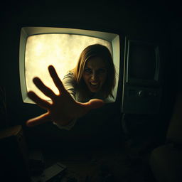 A horror-themed scene depicting a woman eerily emerging from an old television set, with a chilling atmosphere