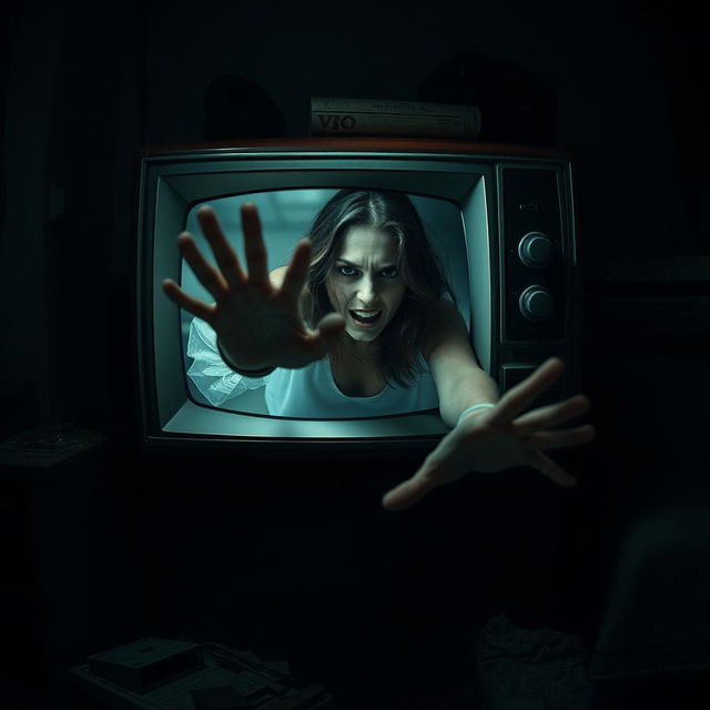 A horror-themed scene depicting a woman eerily emerging from an old television set, with a chilling atmosphere