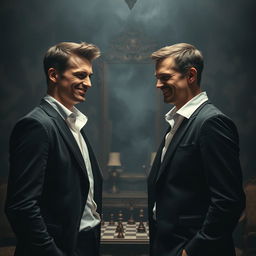 A dramatic scene featuring two identical twin brothers standing face to face, each with a sly grin, representing the concept of deception and rivalry
