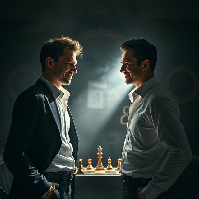 A dramatic scene featuring two identical twin brothers standing face to face, each with a sly grin, representing the concept of deception and rivalry