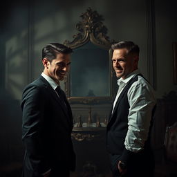 A dramatic scene featuring two identical twin brothers standing face to face, each with a sly grin, representing the concept of deception and rivalry