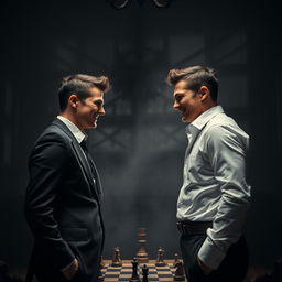 A dramatic scene featuring two identical twin brothers standing face to face, each with a sly grin, representing the concept of deception and rivalry