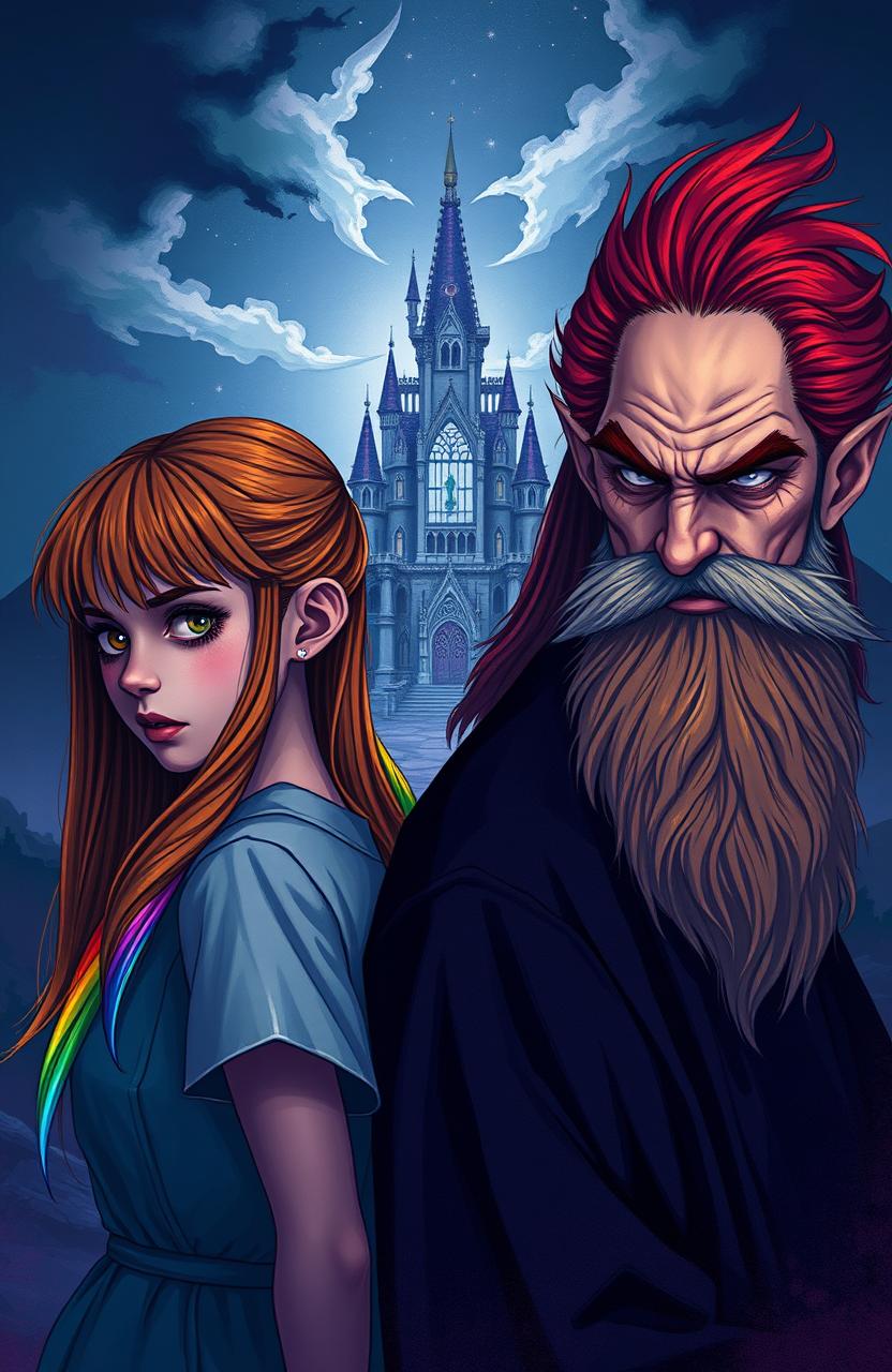 A rainbow-haired girl and an older, bearded man with red hair and dark circles under his eyes are standing back-to-back, glaring at each other fiercely