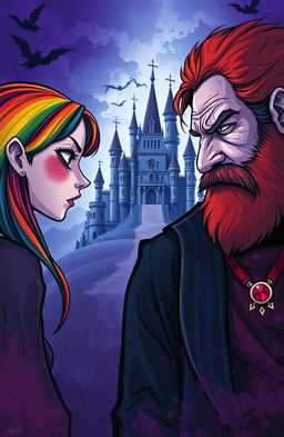 A rainbow-haired girl and an older, bearded man with red hair and dark circles under his eyes are standing back-to-back, glaring at each other fiercely