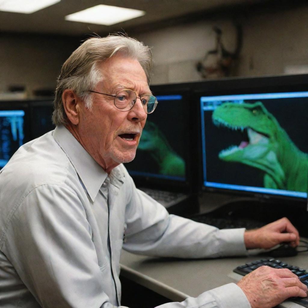 Revise the image to portray John Hammond back in the control room, examining the computer screens which now show the T-Rex Paddock as stable, casting an eased expression on his face.