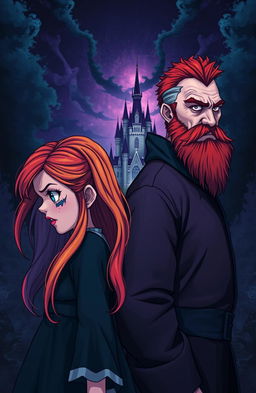 A rainbow-haired girl and an older, bearded man with red hair and dark circles under his eyes are standing back-to-back, glaring at each other fiercely