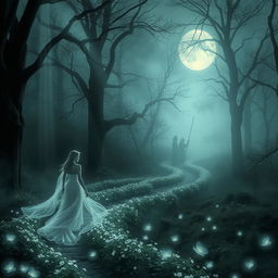 An ethereal and mystical scene titled 'Les Échos du Passé' depicting a moonlit forest shrouded in fog